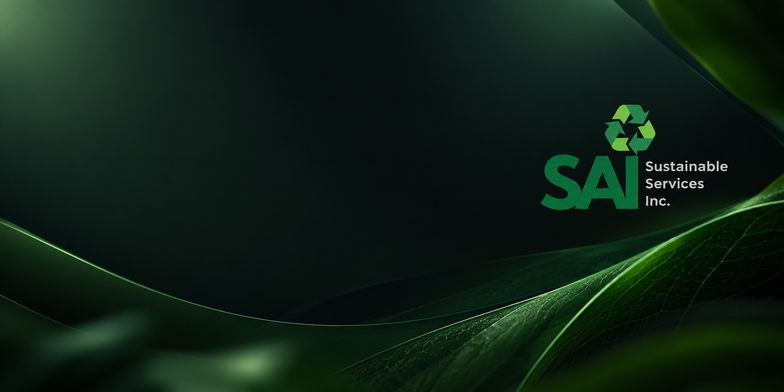 Deep green abstract of curving leaf forms with fine vein detail, with the SAI Sustainable Services logo